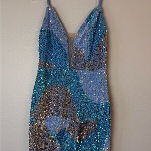 Portia and Scarlett Blue Sequin V-Neck Spaghetti Strap Dress
